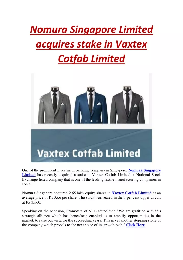 nomura singapore limited acquires stake in vaxtex