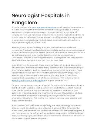 neurologist hospitals in bangalore
