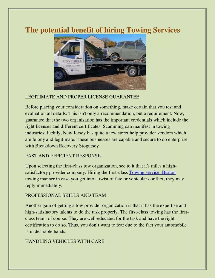 the potential benefit of hiring towing services