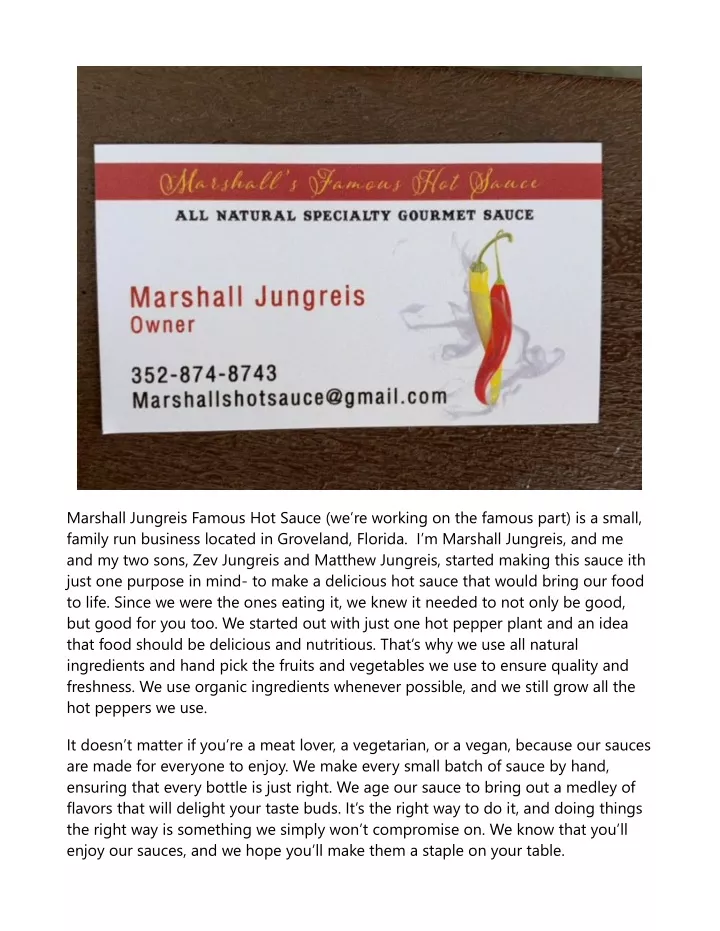 marshall jungreis famous hot sauce we re working