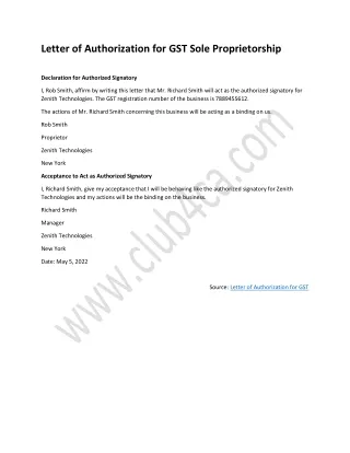 Letter of Authorization for GST Sole Proprietorship Format