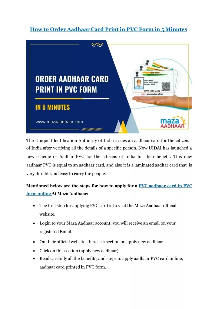 how to order aadhaar card print in pvc form