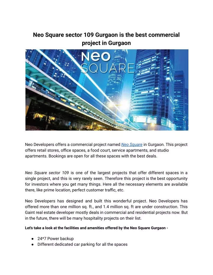 neo square sector 109 gurgaon is the best