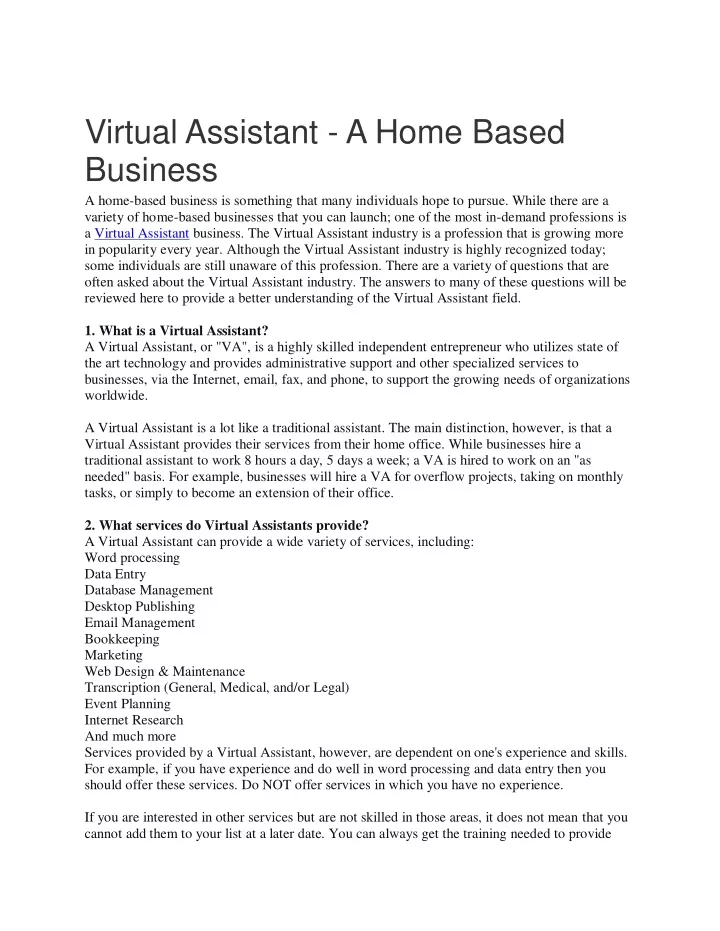 virtual assistant a home based business a home