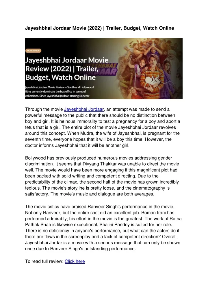 jayeshbhai jordaar movie 2022 trailer budget