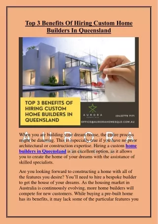 Top 3 Benefits Of Hiring Custom Home Builders In Queensland