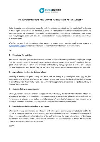 Importance of Do’s & Don’t for Patient After Surgery - HexaHealth