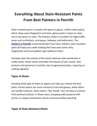 Everything About Stain-Resistant Paints From Best Painters in Penrith