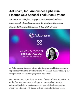 Spheirum Finance CEO Aanchal Thakur joins AdLunam as an advisor.