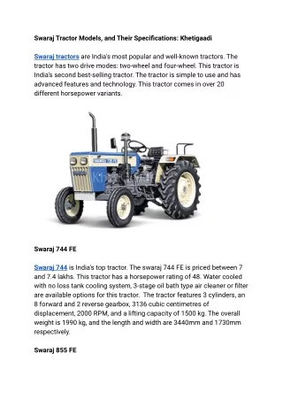 Swaraj Tractor Models, and Their Specifications: Khetigaadi