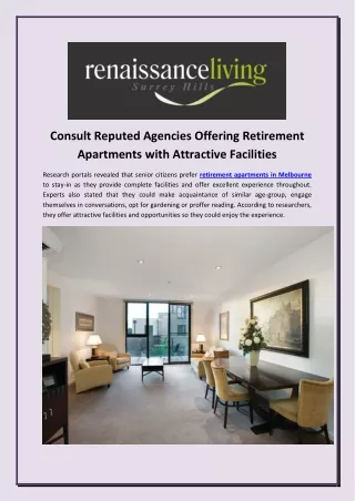 Consult Reputed Agencies Offering Retirement Apartments with Attractive Facilities