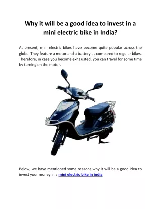Why it will be a good idea to invest in a mini electric bike in India?