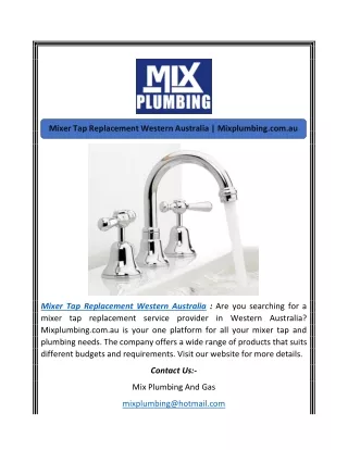 Mixer Tap Replacement Western Australia | Mixplumbing.com.au