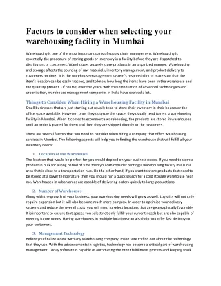 Factors to consider when selecting your warehousing facility in Mumbai