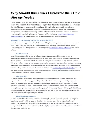 Why Should Businesses Outsource their Cold Storage Needs