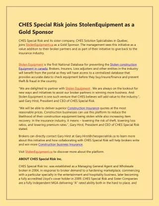 CHES Special Risk Joins Stolen Equipment as a Gold Sponsor