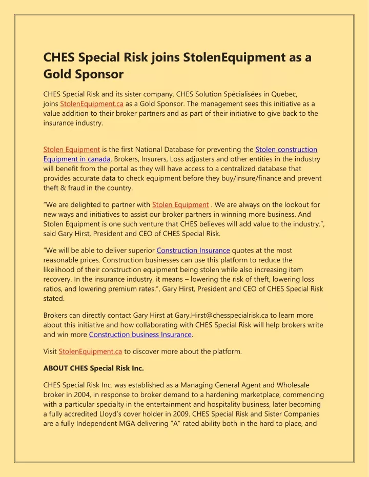 ches special risk joins stolenequipment as a gold