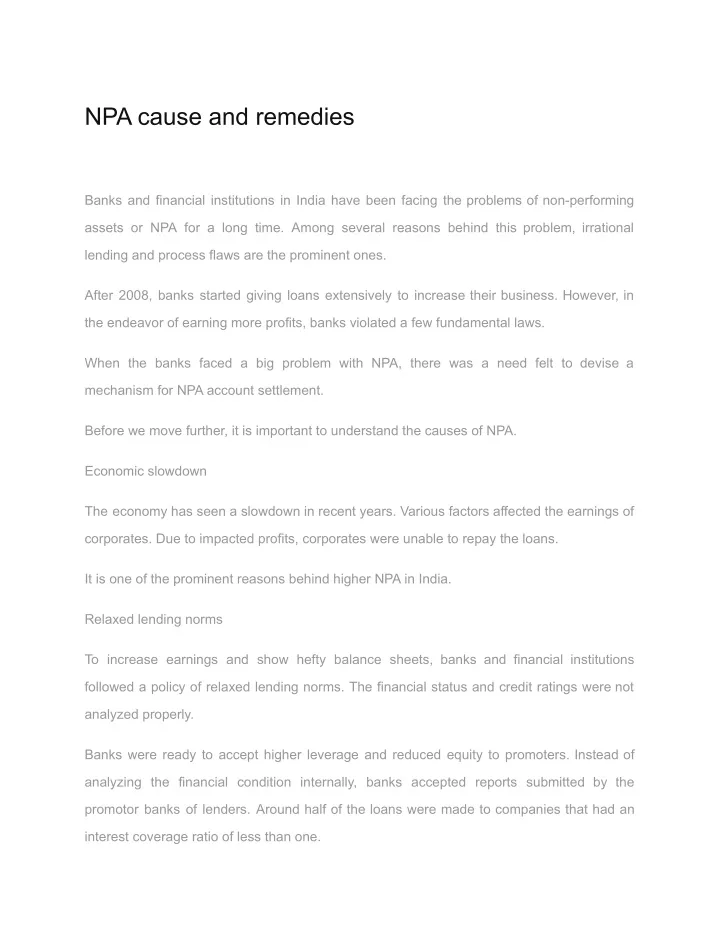 npa cause and remedies