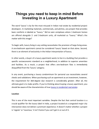 Things you need to keep in mind Before Investing in a Luxury Apartment