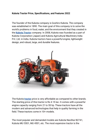 Kubota Tractor Price, Specifications, and Features 2022