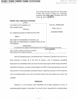 File against New York City Department of Finance by Earl R. Davis