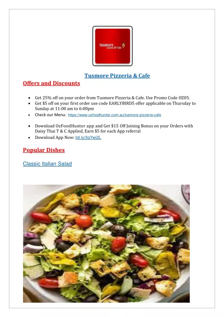 tusmore pizzeria cafe offers and discounts