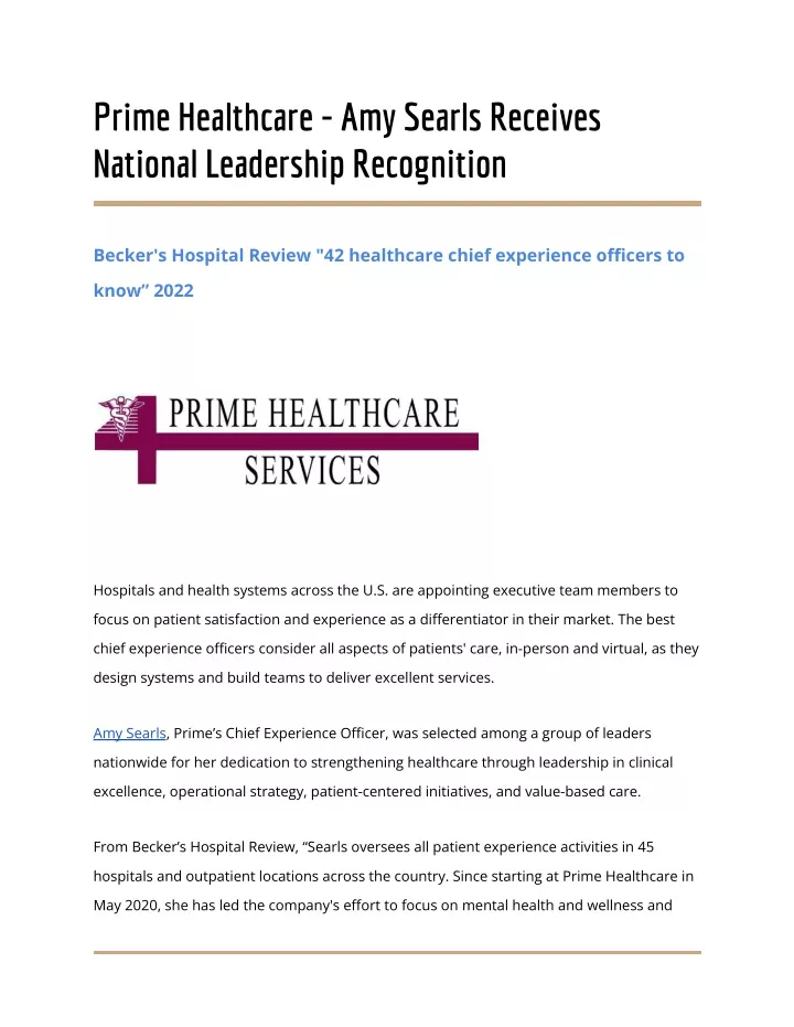 prime healthcare amy searls receives national