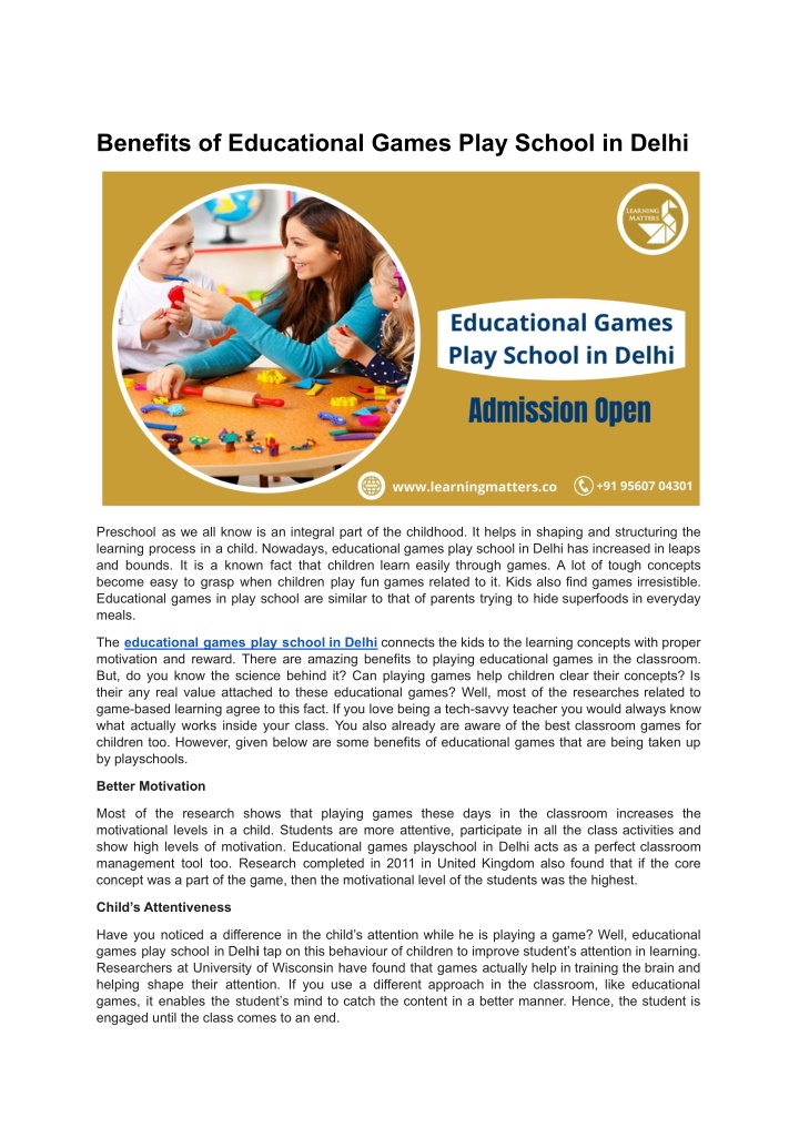 PPT - Benefits of educational games play school in Delhi - Learning ...