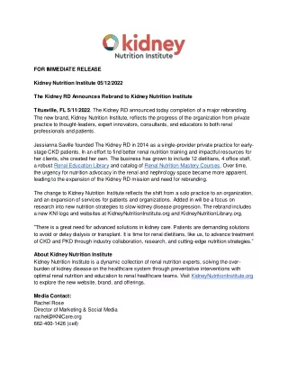 Kidney RD Announces Rebrand to Kidney Nutrition Institute