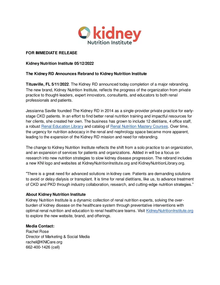 for immediate release kidney nutrition institute