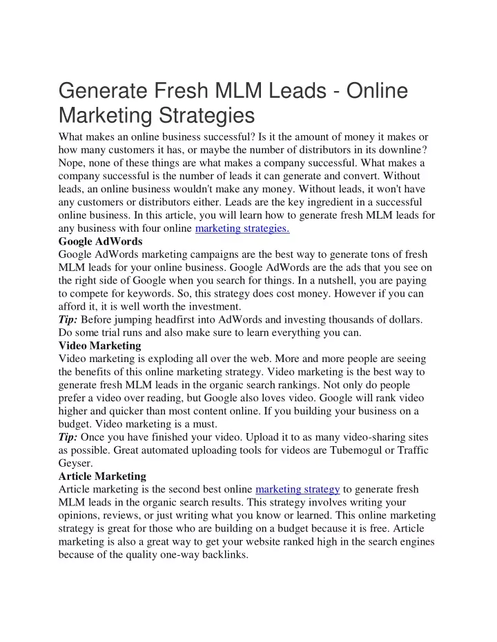 generate fresh mlm leads online marketing