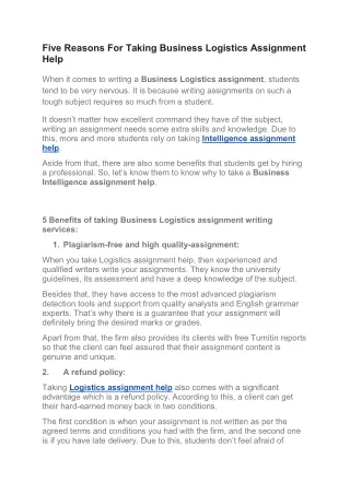 Five Reasons For Taking Business Logistics Assignment Help
