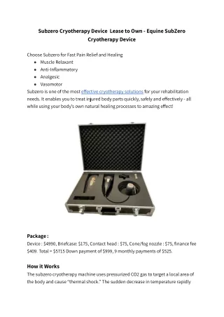 subzero cryotherapy device lease to own equine