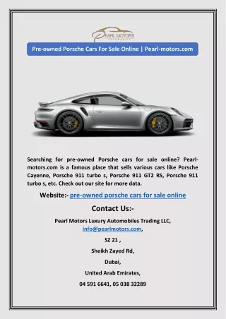 Pre-owned Porsche Cars For Sale Online | Pearl-motors.com