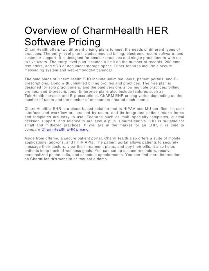 overview of charmhealth her software pricing