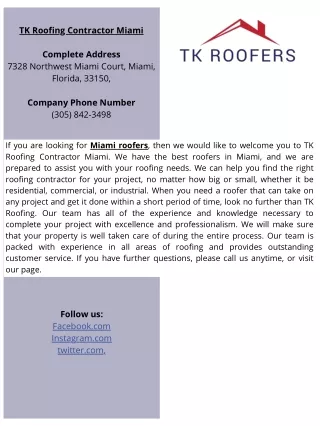 TK Roofing Contractor Miami.