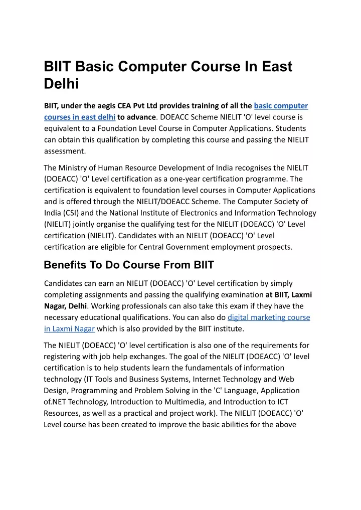 biit basic computer course in east delhi