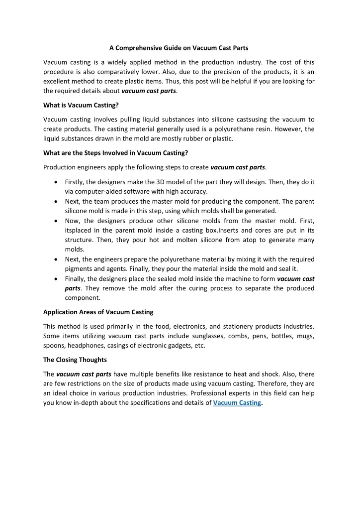 a comprehensive guide on vacuum cast parts