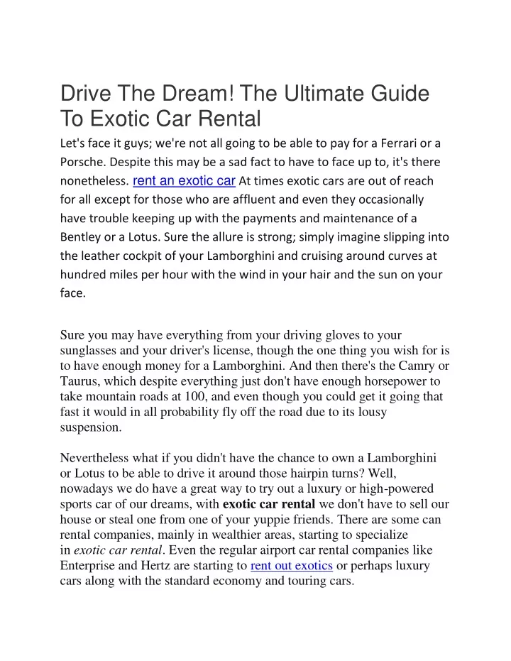 drive the dream the ultimate guide to exotic