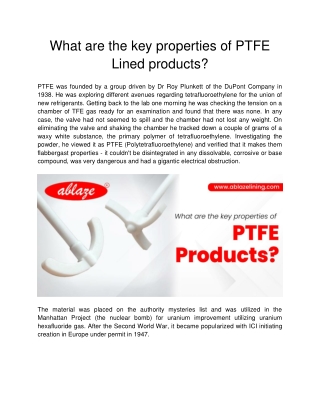 what are the key properties of ptfe lined products