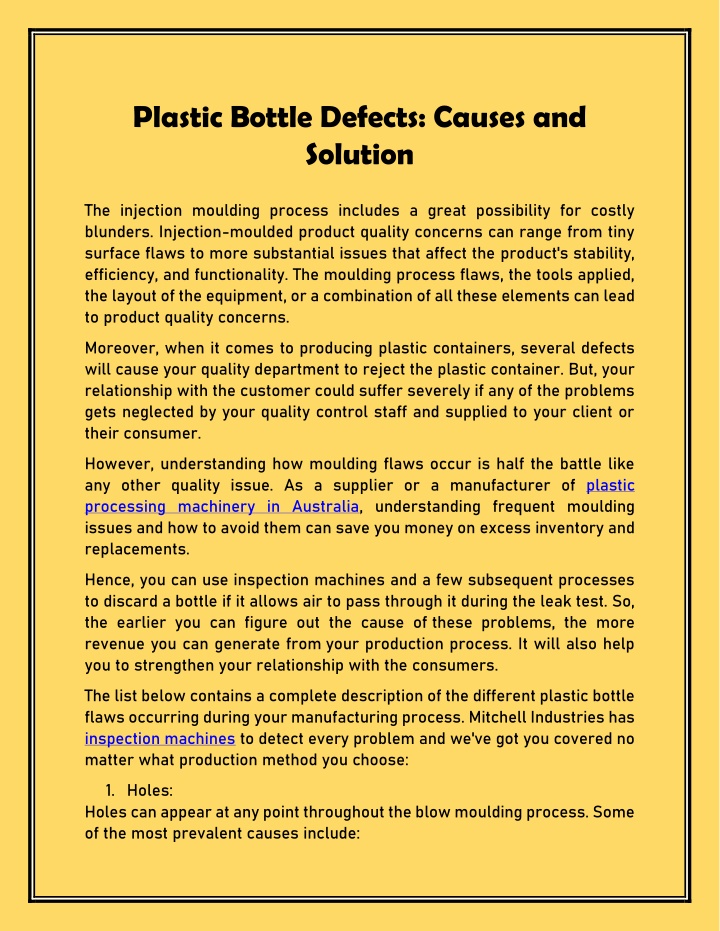 plastic bottle defects causes and solution