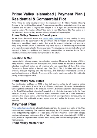 Prime Valley Islamabad | Payment Plan | Residential & Commercial Plot