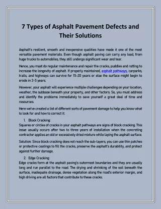 7 Types of Asphalt Pavement Defects and Their Solutions