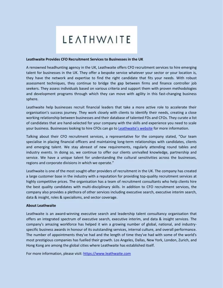 leathwaite provides cfo recruitment services