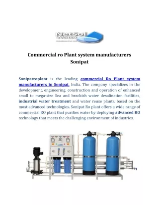 commercial ro Plant system manufacturers Sonipat / Sonipatroplant