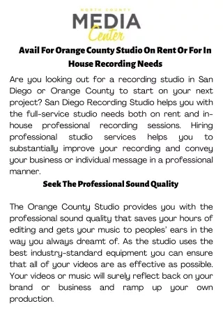 Avail For Orange County Studio On Rent Or For  In House Recording Needs