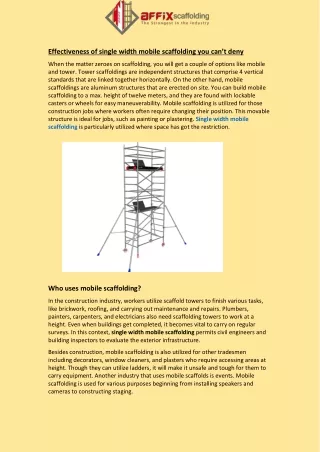 effectiveness of single width mobile scaffolding