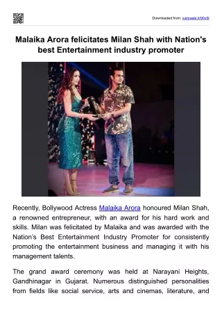 Malaika Arora felicitates Milan Shah with Nation's best Entertainment industry promoter
