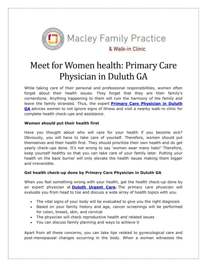 meet for women health primary care physician