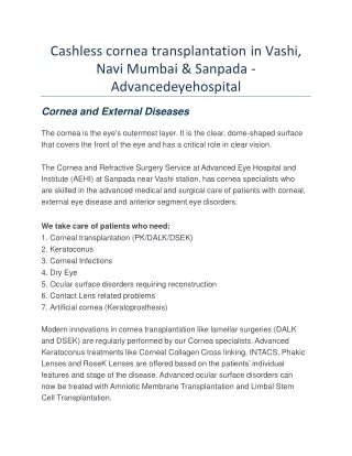Cashless cornea transplantation in Vashi, Sanpada & Navi Mumbai - Advancedeyehospital